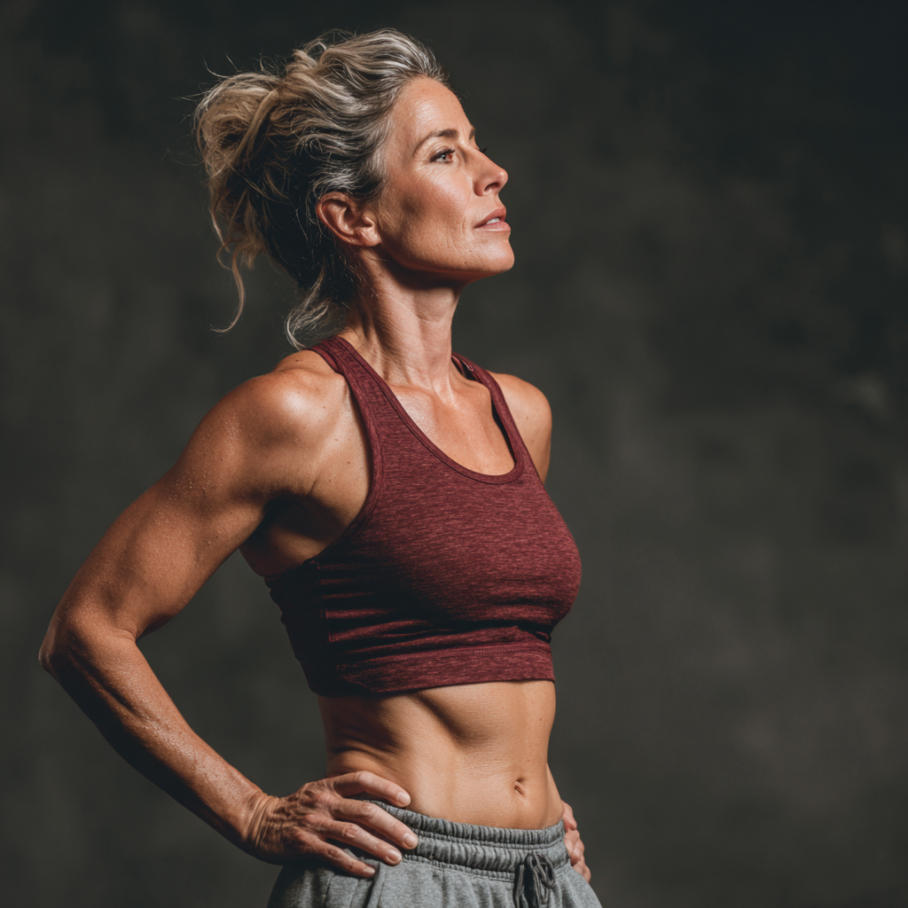 experienced female fitness trainer in her forties demonstrating proper exercise form