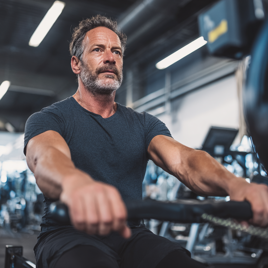 mature adult man exercising on rowing machine in well-equipped fitness center