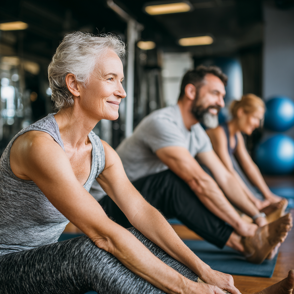 mature fitness instructor demonstrating stretching techniques to middle-aged clients