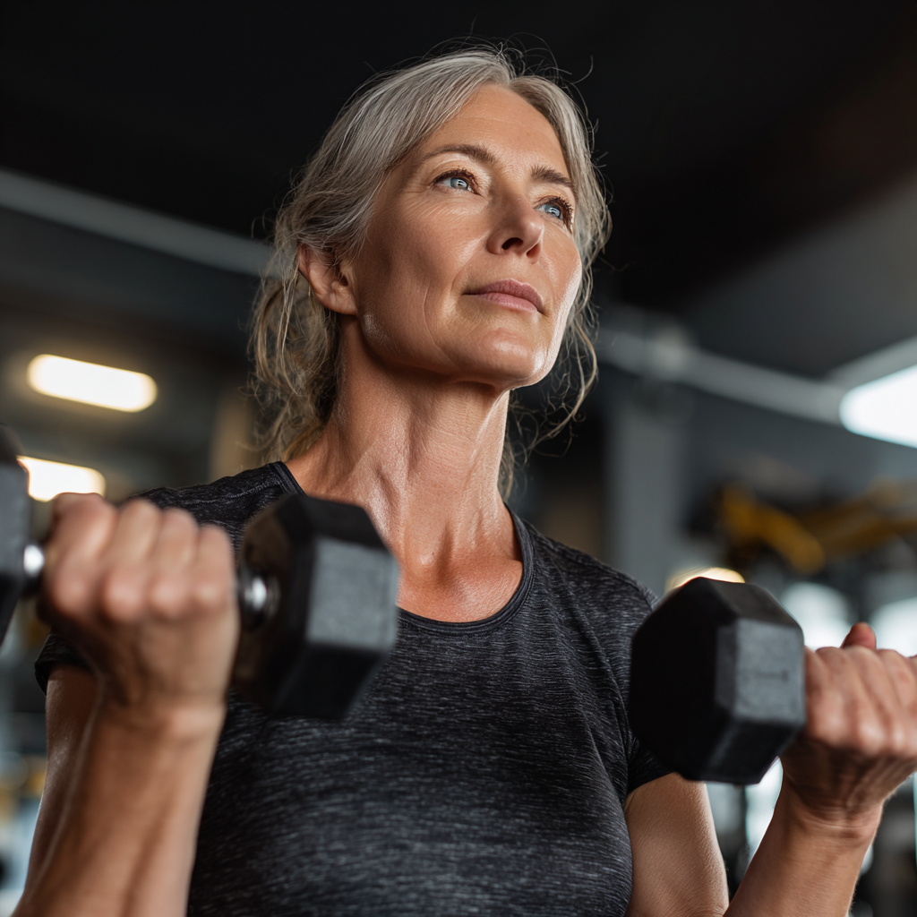 middle-aged woman doing strength training exercises with dumbbells in modern gym