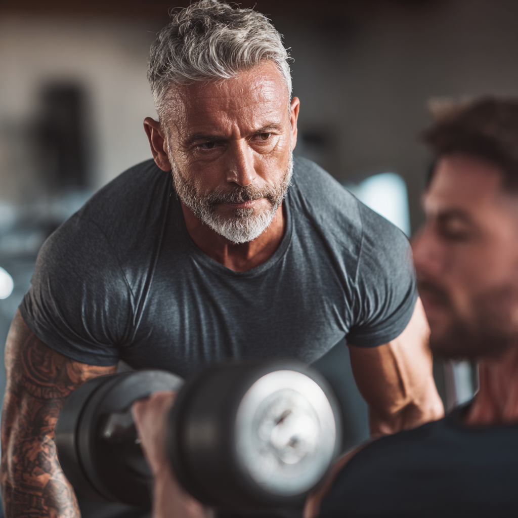 professional male fitness coach in his thirties spotting client during weight training